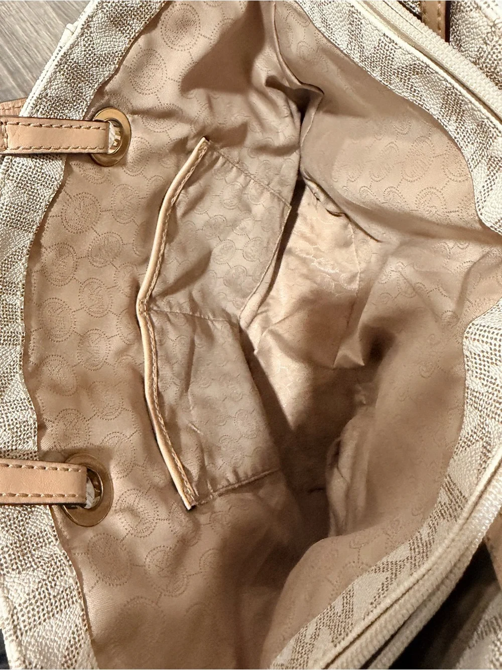 Michael Kors Beige Logo Canvas Tote with Tan Trim